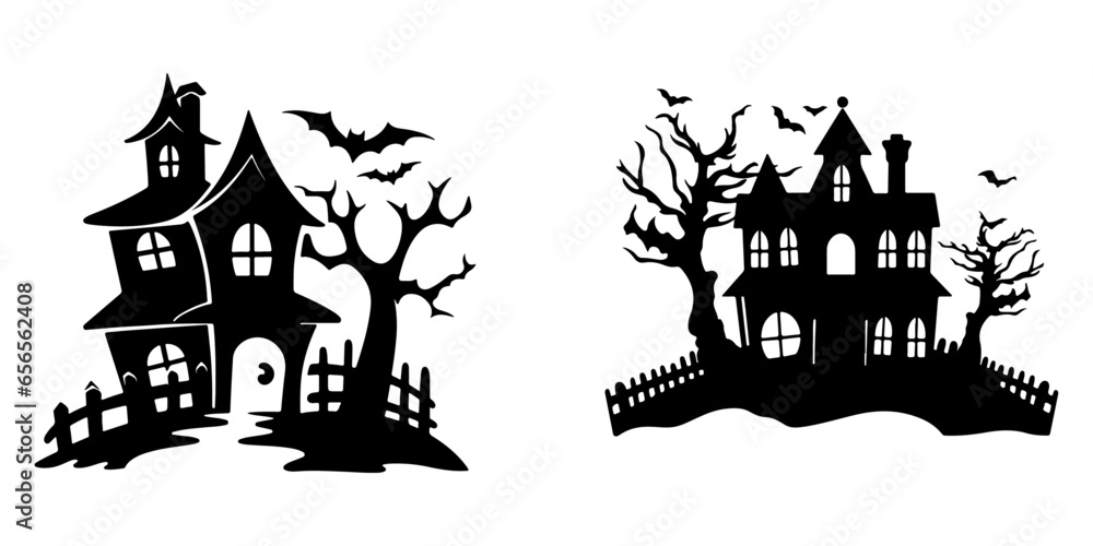 Nighttime Halloween and Bat House Logo: A Silhouette Vector of Haunted Houses, Scary House Bundle Set