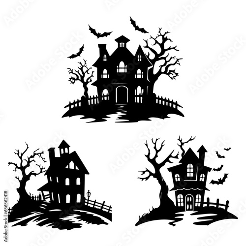 Bat House Logo for Halloween: A Silhouette Vector of Haunted Houses, Scary House Bundle Set at Night