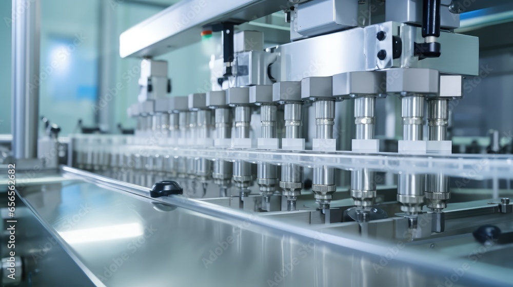 pharmaceutical industry. Production line machine conveyor with glass bottles ampoules at factory pharmaceutical industry. Production line machine conveyor with glass bottles ampoules at factory
