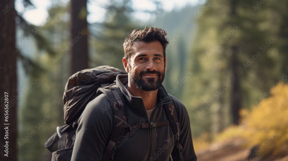 Man wearing backpack standing on autumn forest trail, hiking alone Man wearing backpack standing on autumn forest trail, hiking alone