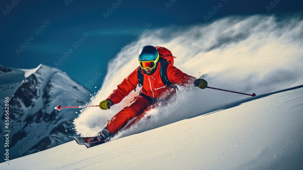 Skier descends a mountain in winter
