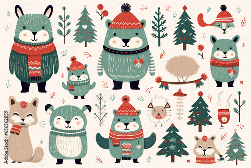 pattern set of cute hand drawn animal in winter hats, scarves, scarves, knitted sweaters, Christmas trees. 