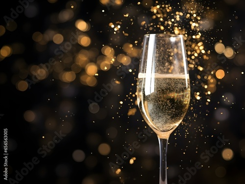 Wine glasses on table with golden sparkle bokeh background. Celebration concept