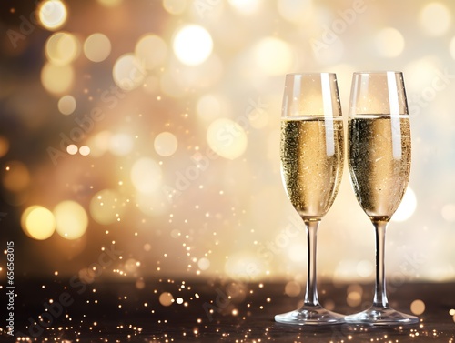 Two glasses of champagne toast with golden bokeh background. New Year and anniversary celebration