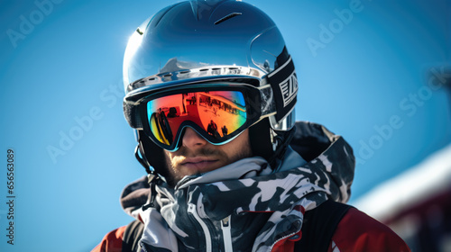 Portrait of a male skier in helmet and winter clothes on the background of snow-covered mountain slope