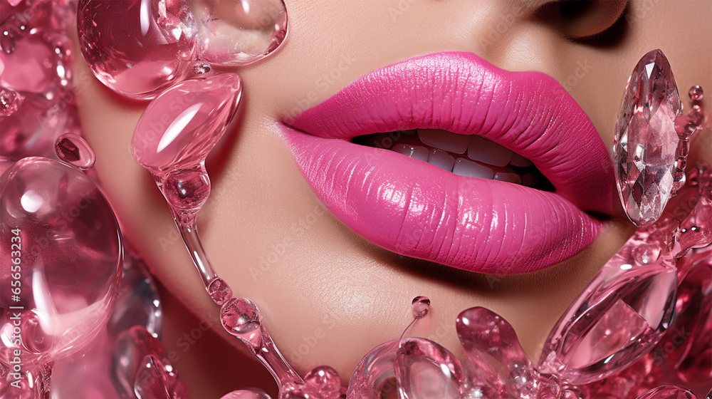 Beautiful pink glossy female lips with precious crystals on the face - obrazy, fototapety, plakaty 