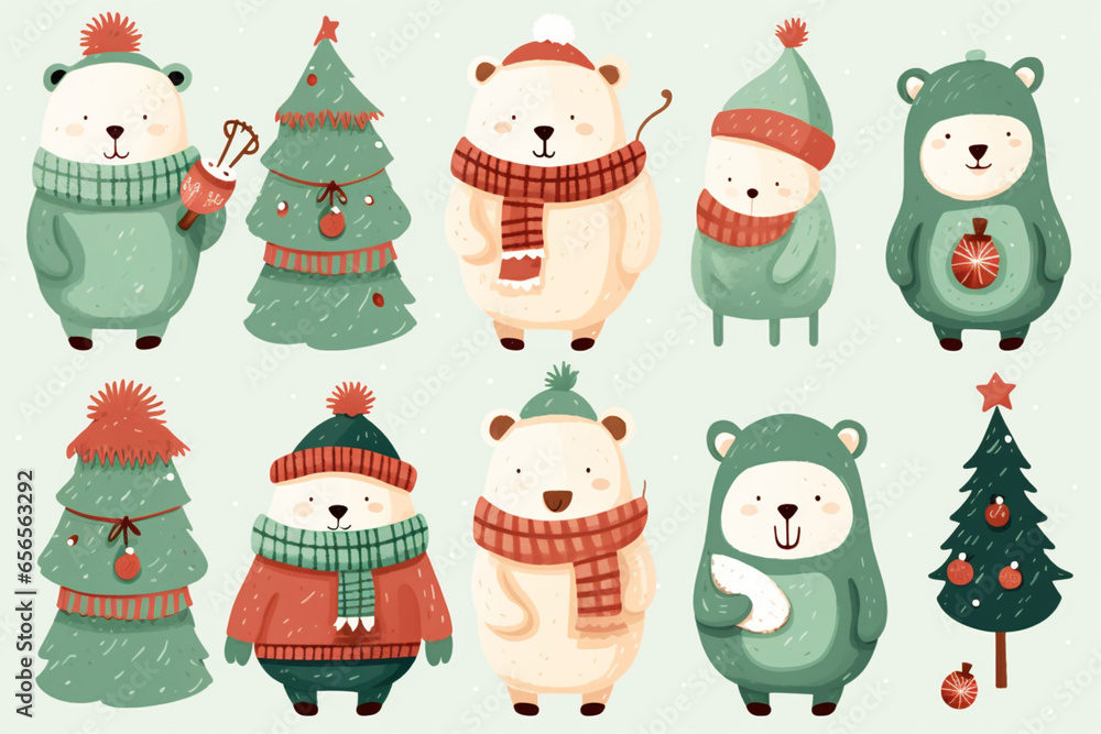 pattern set of cute hand drawn animal in winter hats, scarves, scarves, knitted sweaters, Christmas trees. 