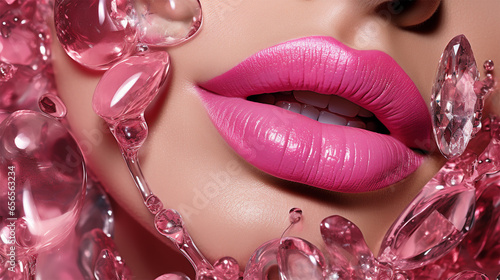 Beautiful pink glossy female lips with precious crystals on the face