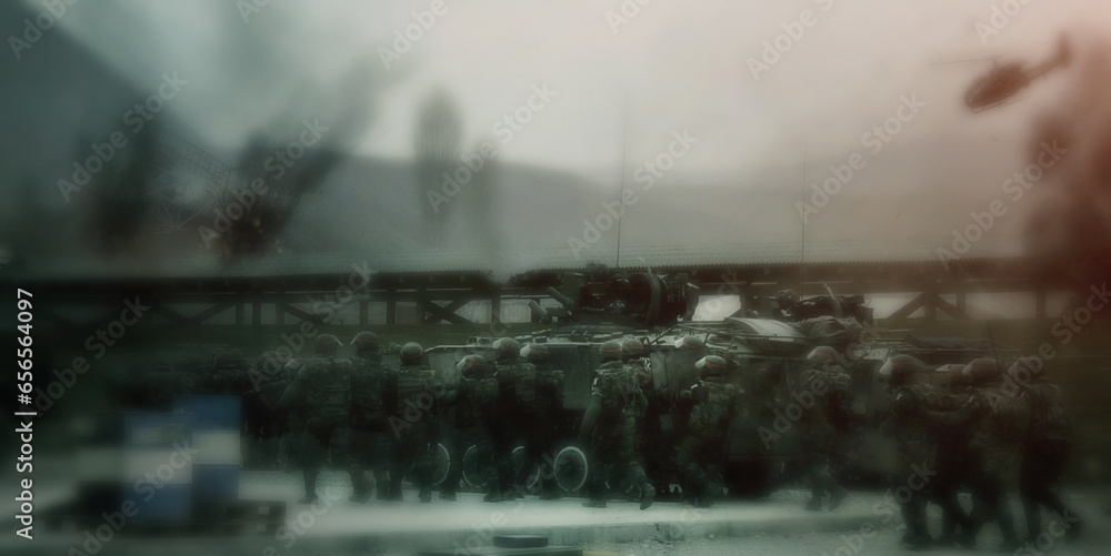 Blurred, soldier group and war mission with team, secret service and government workers outdoor. Military, surveillance and officer with teamwork, security and army target with agent people together - obrazy, fototapety, plakaty 