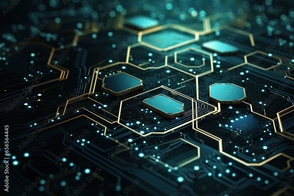 Fototapeta premium Circuit board-inspired design with interconnected hexagons, highlighting tech communication