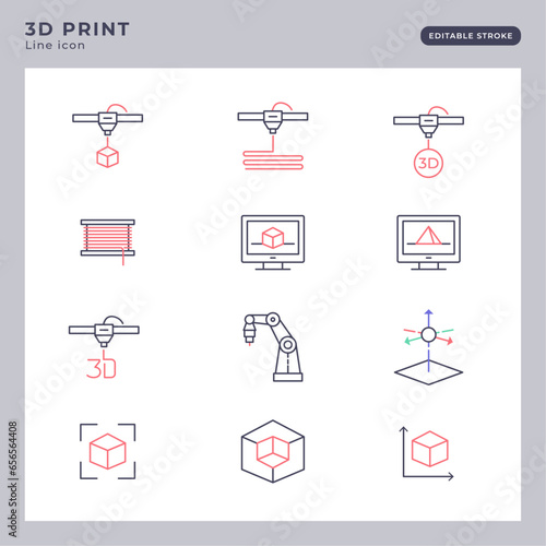 Illustration vectorielle d'icônes d'impression 3D. Collection d'éléments sur 3D print. Pictos vectoriels représentant l'impression 3D, la machine, l'ordinateur, la conception 3D. Contours éditables.