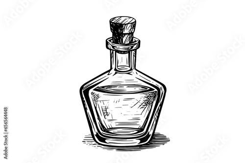 Bottle with wooden stopper hand drawn ink sketch. Engraved style vector illustration.