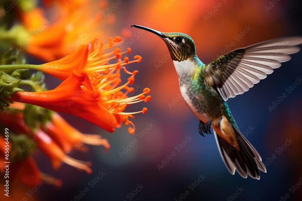 Fototapeta premium Close-up of a hummingbird hovering over an exotic garden flower