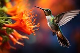 Close-up of a hummingbird hovering over an exotic garden flower