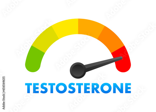 Testosterone Level Meter, measuring scale. Hormone Testosterone speedometer indicator. Vector stock illustration