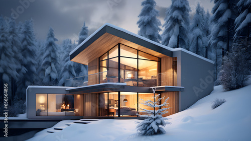 The front of modern exterior of luxury cottage covered in deep snow in winter evening