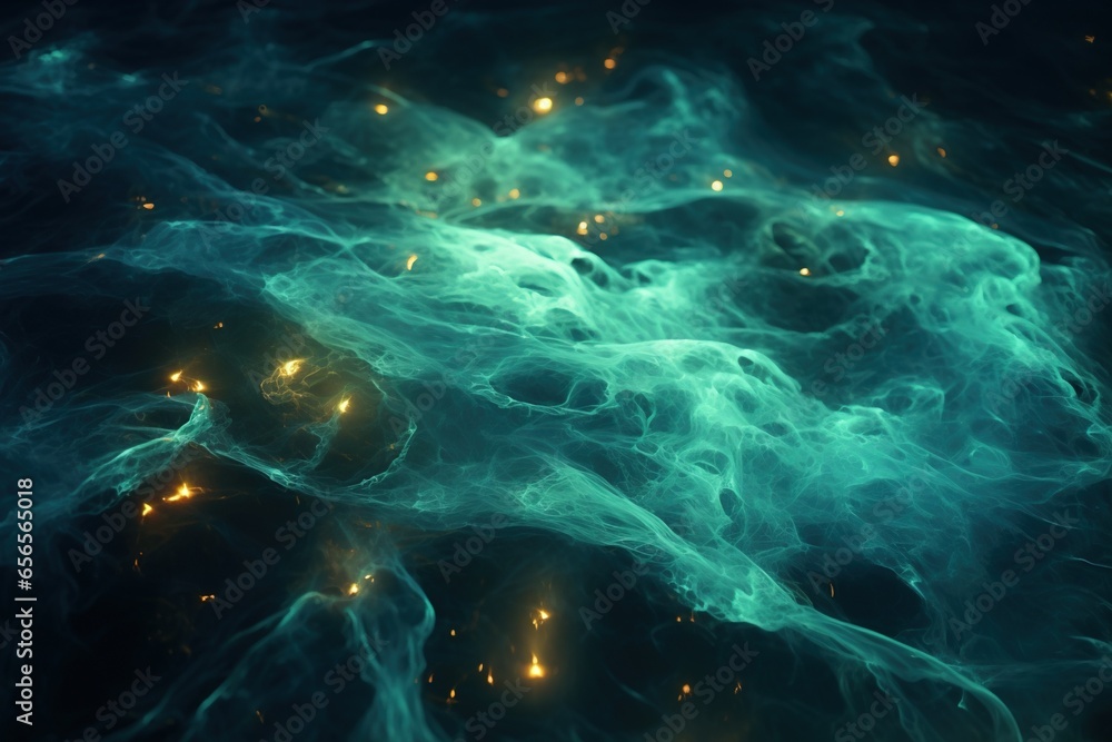 Close-up of bioluminescent plankton illuminating ocean waves at night