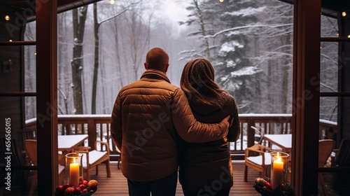 a full-body rear view of a duo, hands cradling mugs of hot cocoa, as they look out from their log cabin porch. Snowflakes gently fall, blanketing the surrounding forest in a serene white © Kristian