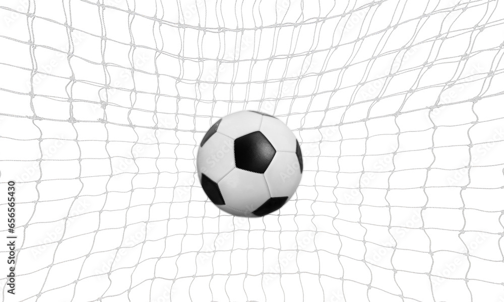 Soccer or soccer ball in goal net isolated PNG transparent - obrazy, fototapety, plakaty 