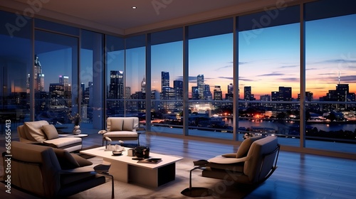 Panorama of a modern living room with panoramic windows.