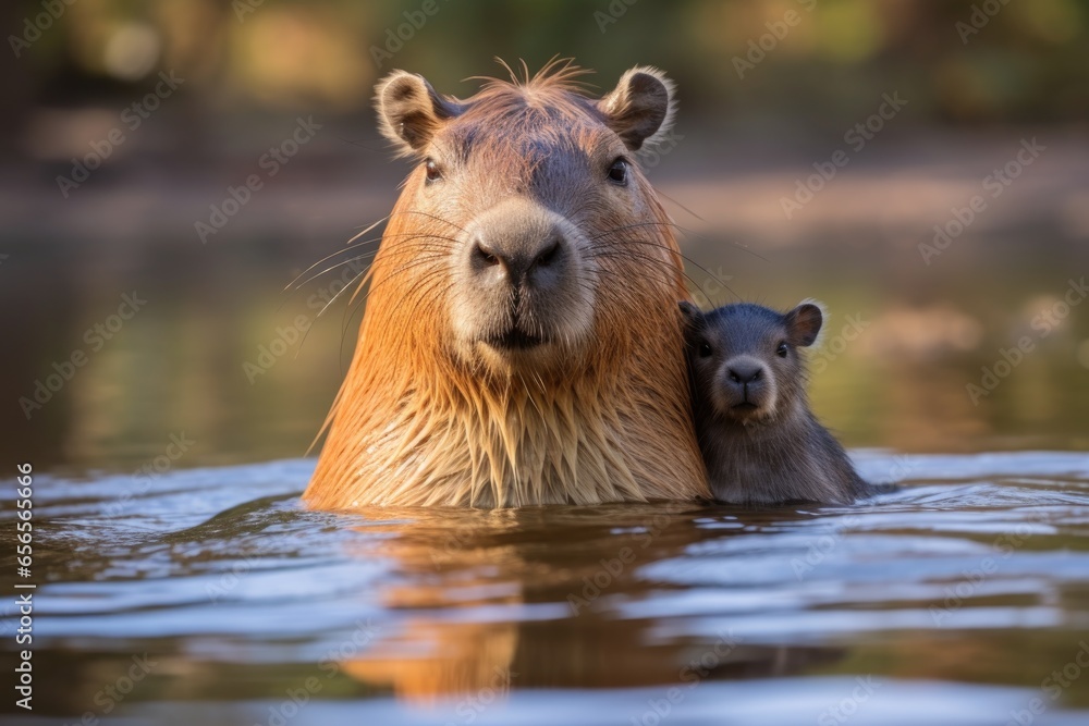 Fototapeta premium cute capybara mother with they children in the water on nature background