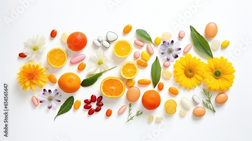 Multivitamins and supplements with fresh and healthy fruits on white background. #656565647