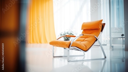 Closeup of orange lounge chair. Modern minimalist home living room interior