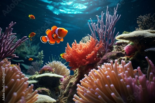 Underwater scene with clown fish and coral reef. Generative AI