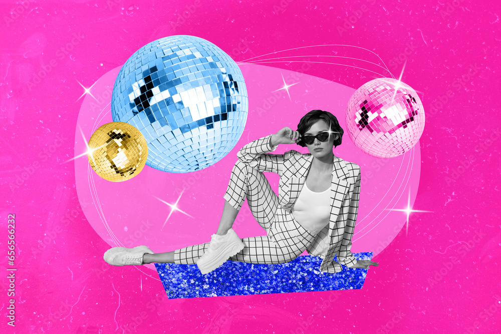 Φωτογραφία Magazine collage of cool confident lady enjoying nightclub party isolated neon p