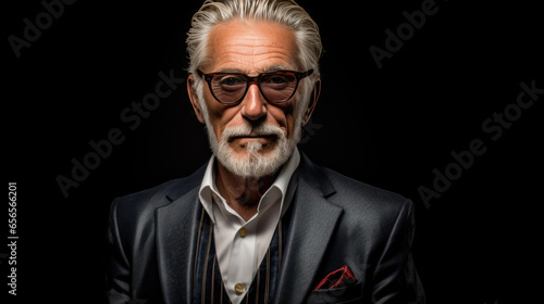 Stylish elderly man in suit on dark background.