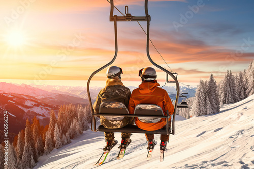 Two skiers riding a chairlift going up a snowy mountain photo