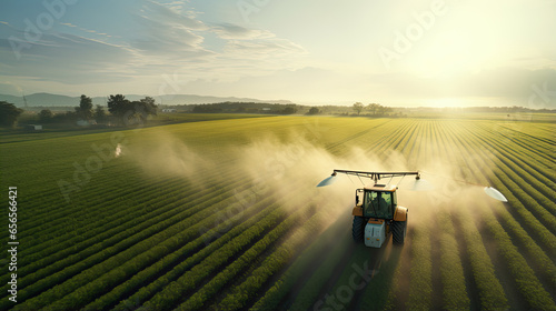 Aerial view of Tractor Spraying Pesticides on Green Soybean Plantation at Sunset.