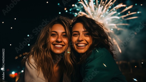Two friends celebrating new years in the fireworks background