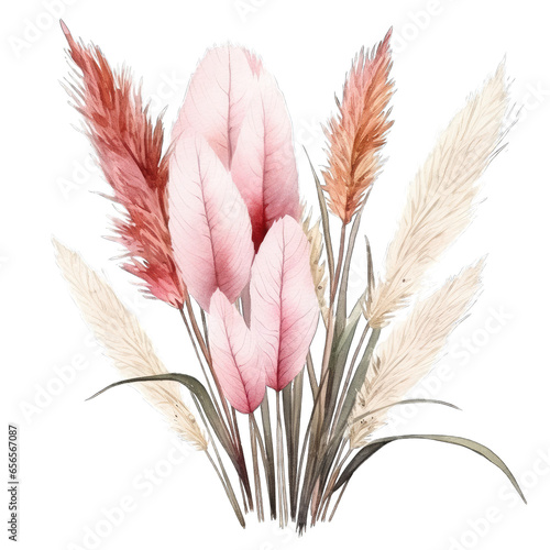 Pampas grass in tan and rose pink gold colors, isolated with transparent background