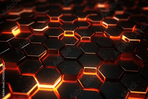 Dynamic 3D hexagonal grid with varying depths  glowing edges and a dark core