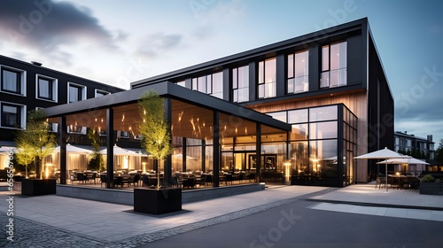 Modern apartment building exterior panorama with terrace and garden at dusk