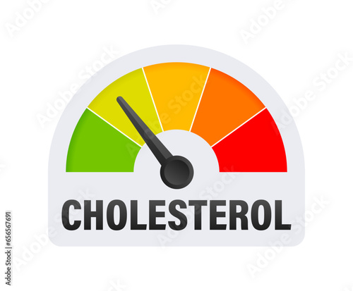 Cholesterol Level Meter, measuring scale. Cholesterol speedometer indicator. Vector stock illustration