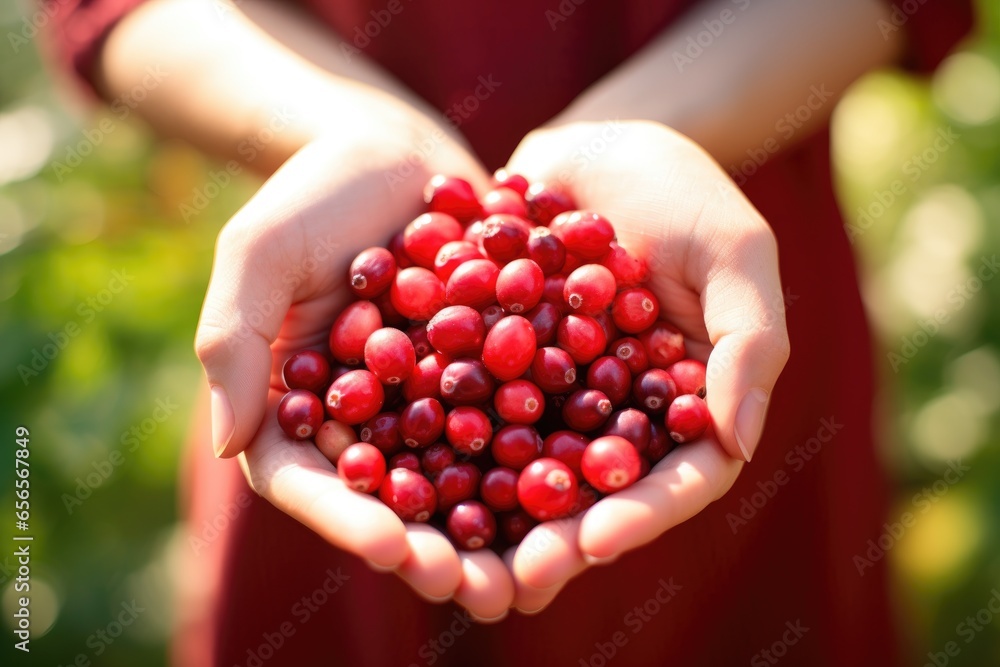Ripe cranberries in woman hands on the green garden background Ripe cranberries in woman hands on the green garden background