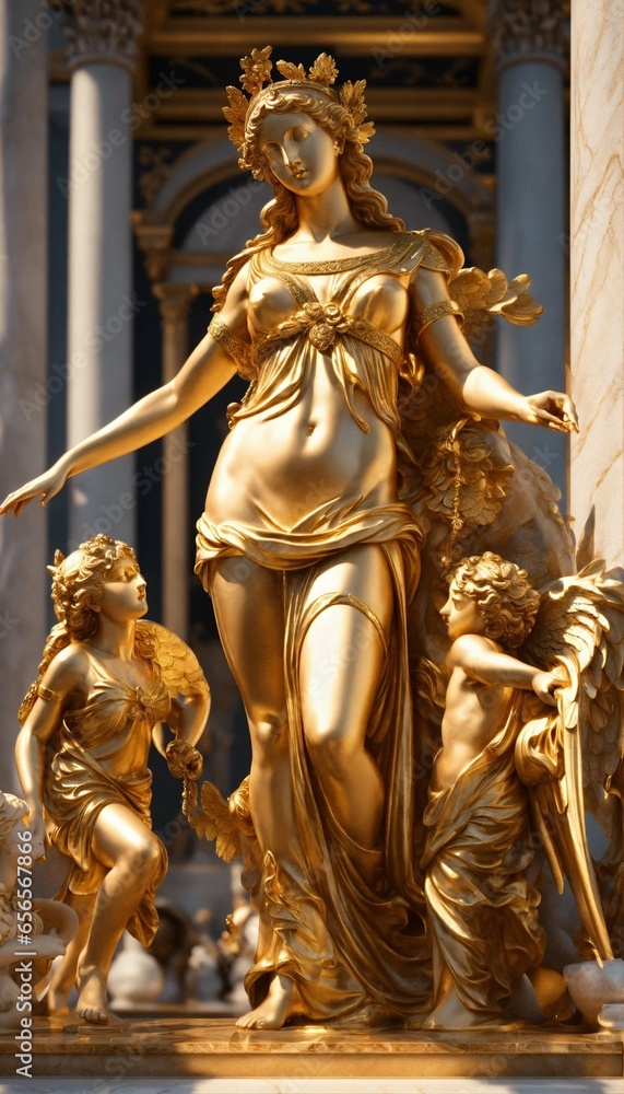 Obraz premium Greek marble and gold statue of a goddess with Angels.