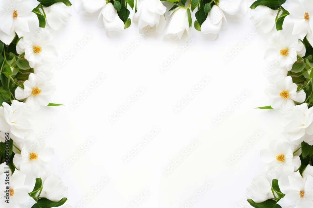 frame of white flower on white background, Generative AI