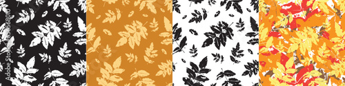 Set of seamless patterns. Autumn leaves. Imprints of natural leaves. Botanical ornament for the design of nature, fabric, textile, background, postcard, wrapping paper. Stock vector illustration.