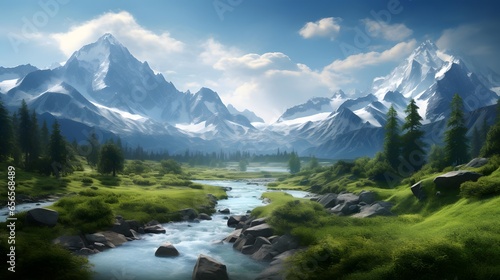 Beautiful panoramic landscape with mountain river and snow-capped peaks © Iman