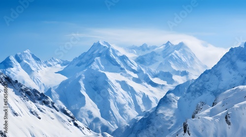 Panoramic view of the Caucasus Mountains in winter, Georgia. © Iman