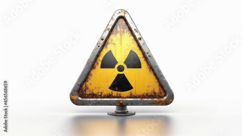 Radioactive symbol. Sign showing radioactive material. Grungy sign. Rusty. Out of order. Isolated on white background.