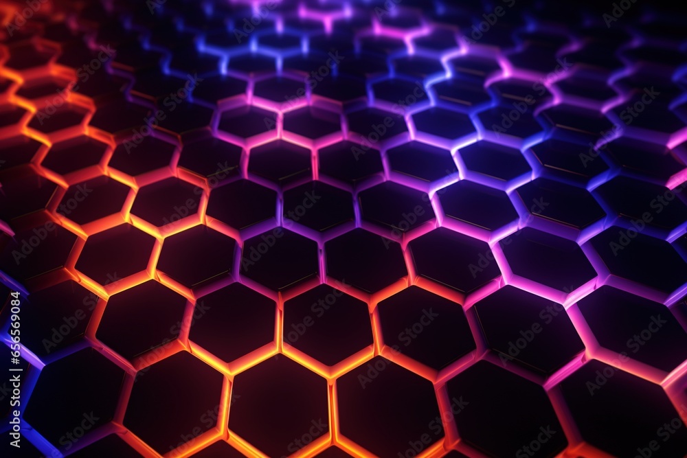 Hexagonal patterns illuminated by soft neon light against a dark background Hexagonal patterns illuminated by soft neon light against a dark background