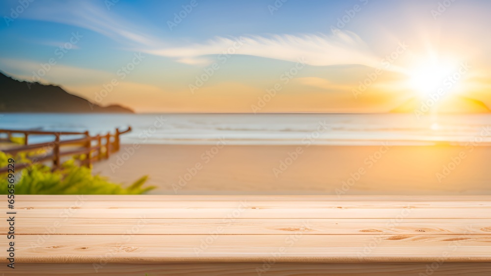 wood table on blurred beach bench background wood table on blurred beach bench background