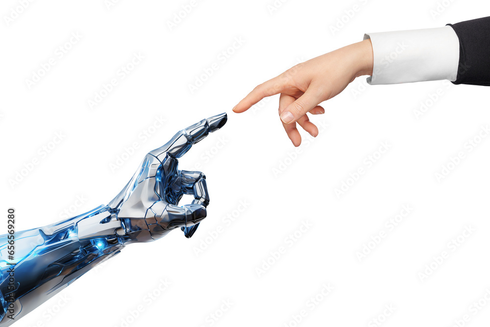 White male cyborg robotic hand pointing his finger to female human hand with stretched finger - cyber la creation - isolated on free PNG background. - obrazy, fototapety, plakaty 