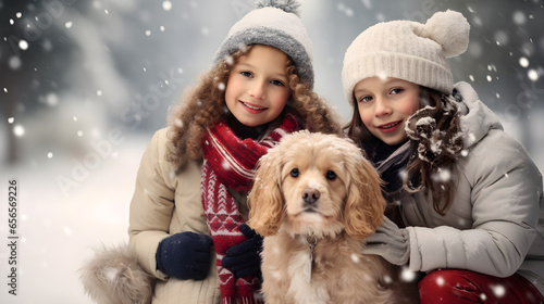 Beautiful little kids with their favourite puppy dog on christmas background. Children and animals concept. Kids cares about pet at home.