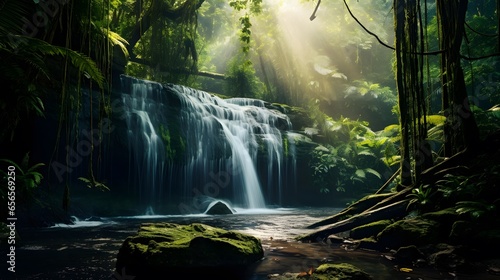 Panorama of beautiful waterfall in tropical rainforest with sunbeams