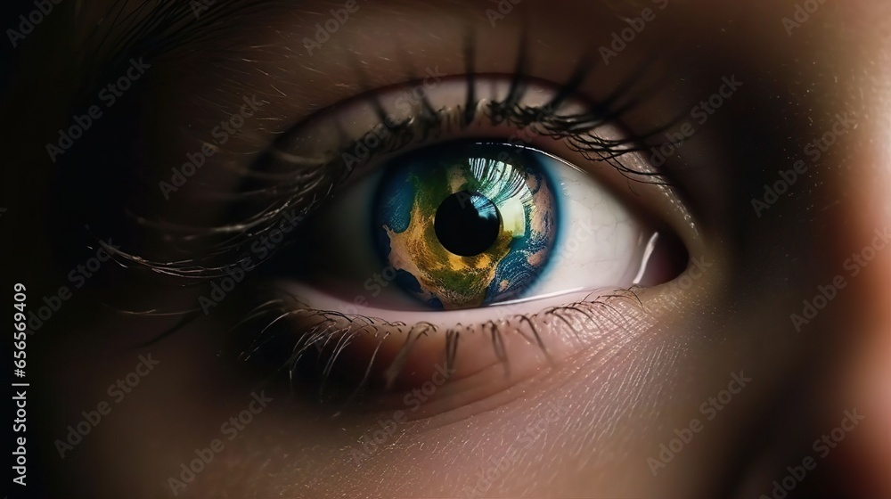 Planet earth in kid child human eye with long eyelashes. World ...